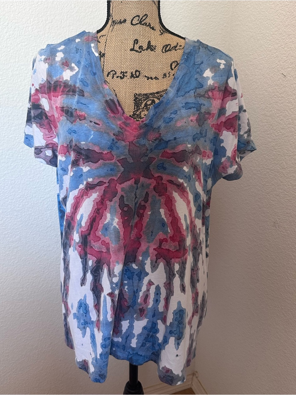 dip V-Neck Tie-Dye Tee in Blue and Pink Size 1X